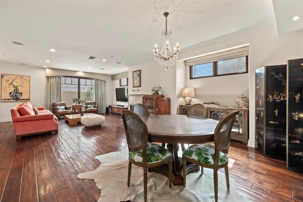 Chandelier, Dining room, Interior, Living room, Recessed Lighting, Wood Texture Flooring