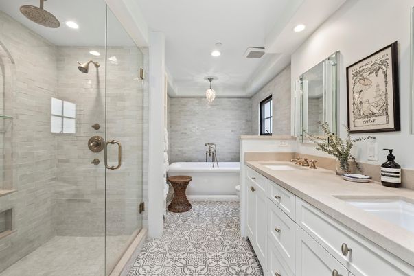 Bathroom, Dual Sink Vanities, Glass Shower, Interior, Pendant Lights, Recessed Lighting