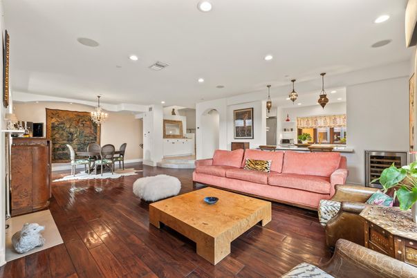 Chandelier, Dining room, Interior, Kitchen, Living room, Pendant Lights, Recessed Lighting, Wood Texture Flooring