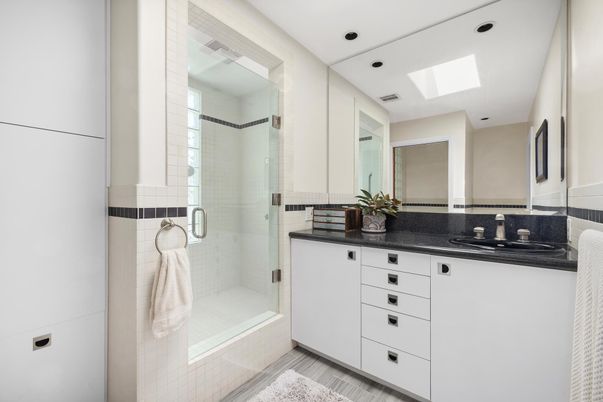 Bathroom, Glass Shower, Interior, Recessed Lighting, Wood Texture Flooring