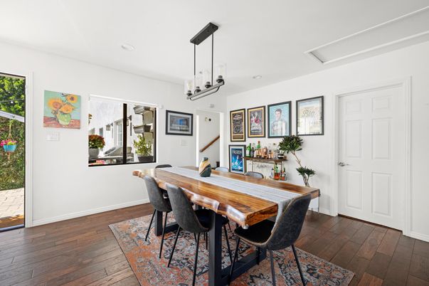 Dining room, Interior, Pendant Lights, Wood Texture Flooring