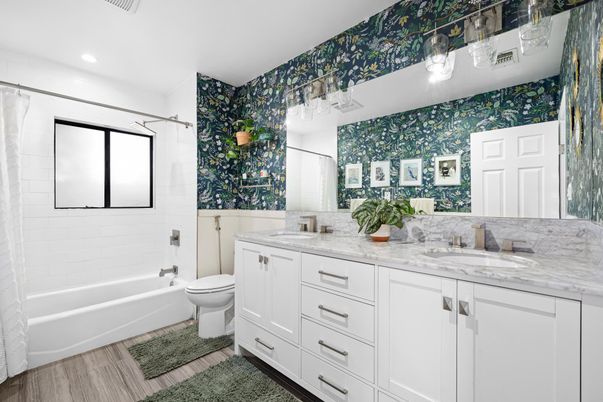 Bathroom, Dual Sink Vanities, Interior, Recessed Lighting, Wood Texture Flooring