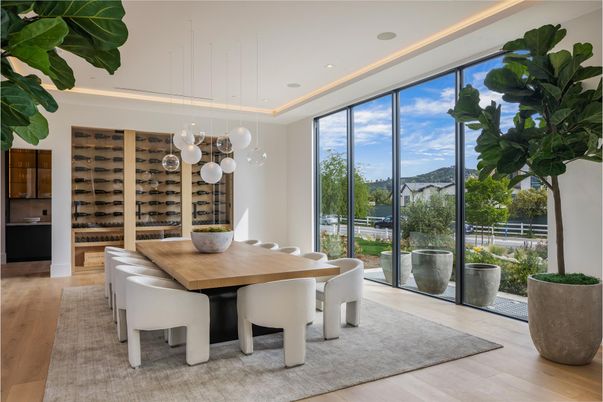 Dining room, Interior, Pendant Lights, Recessed Lighting, Wine Storage, Wood Texture Flooring
