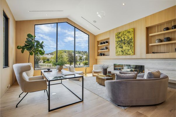 Fireplace, Interior, Living room, Recessed Lighting, Wood Texture Flooring, Wooden Walls