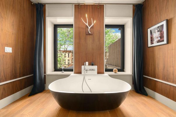Bathroom, Free Standing Baths, Interior, Wood Texture Flooring, Wooden Walls