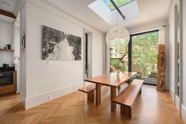 Dining room, Interior, Recessed Lighting, Wood Texture Flooring