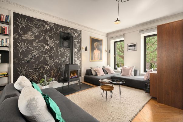 Fireplace, Interior, Living room, Pendant Lights, Wood Texture Flooring