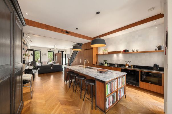 Interior, Kitchen, Living room, Pendant Lights, Recessed Lighting, Stainless Steel Appliances, Wood Texture Flooring