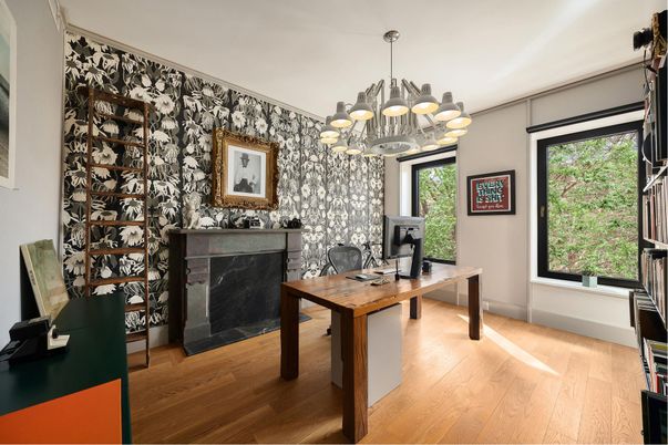 Chandelier, Fireplace, Home Office, Interior, Wood Texture Flooring