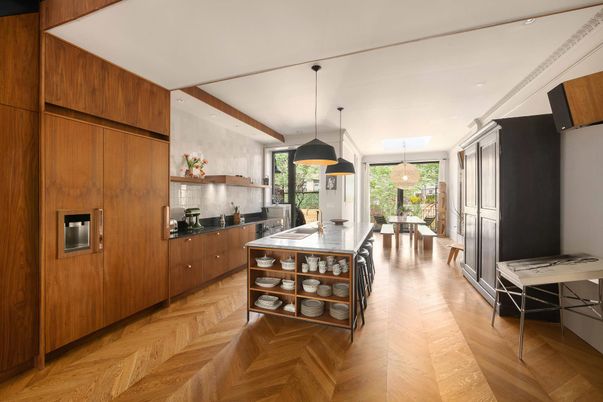 Dining room, Interior, Kitchen, Pendant Lights, Wood Texture Flooring