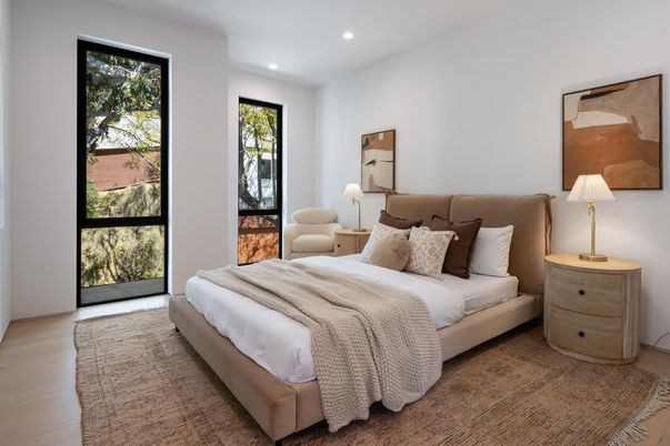 Bedroom, Interior, Recessed Lighting, Wood Texture Flooring