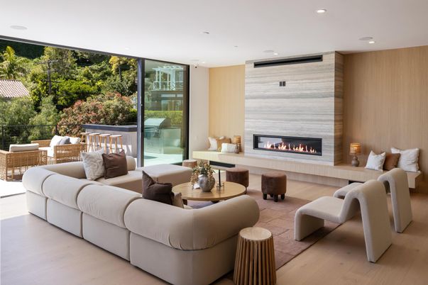 Fireplace, Interior, Living room, Recessed Lighting, Wood Texture Flooring