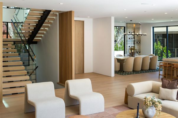 Dining room, Interior, Pendant Lights, Recessed Lighting, Wood Texture Flooring
