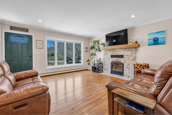 Fireplace, Interior, Living room, Recessed Lighting, Wood Texture Flooring