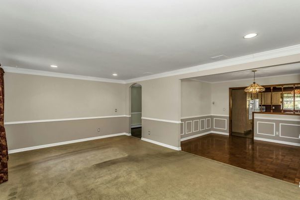 Chandelier, Empty room, Interior, Kitchen, Recessed Lighting, Wood Texture Flooring