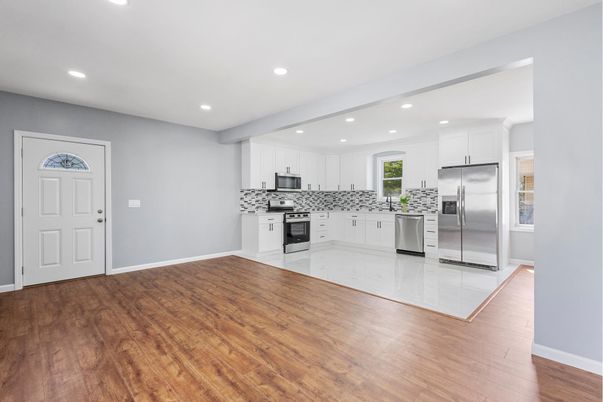 Interior, Kitchen, Recessed Lighting, Stainless Steel Appliances, Wood Texture Flooring