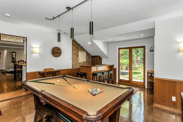 Billiard Table, Game Room, Interior, Recessed Lighting, Wood Texture Flooring