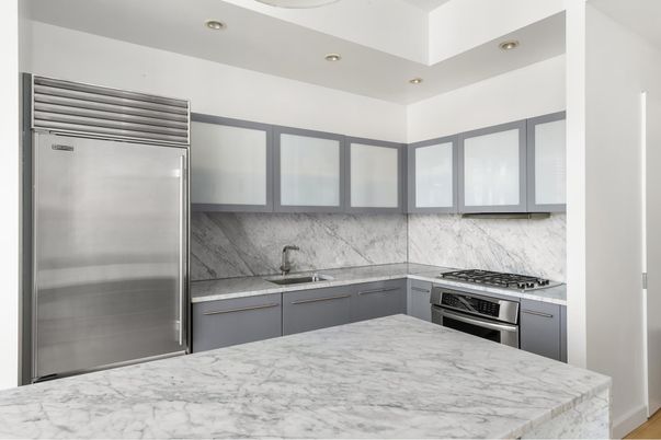Interior, Kitchen, Marble, Marble Walls, Recessed Lighting, Stainless Steel Appliances