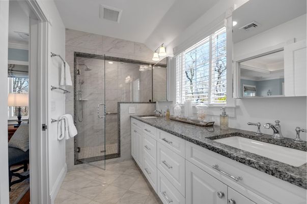 Bathroom, Dual Sink Vanities, Glass Shower, Interior, Marble, Marble Walls