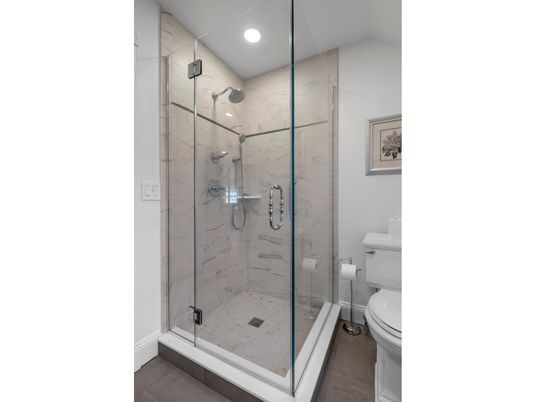 Bathroom, Glass Shower, Interior, Marble Walls, Recessed Lighting