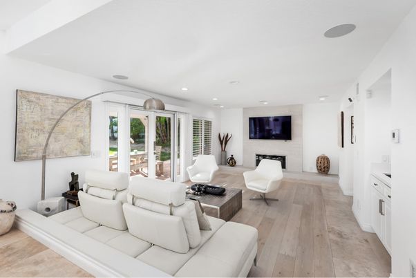 Fireplace, Interior, Living room, Recessed Lighting, Wood Texture Flooring