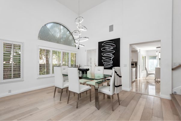 Dining room, Interior, Pendant Lights, Wood Texture Flooring