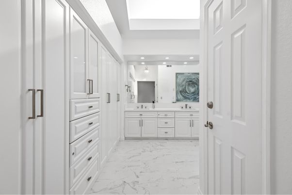 Bathroom, Dual Sink Vanities, Interior, Marble, Recessed Lighting