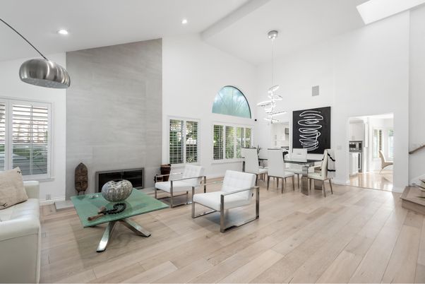 Dining room, Fireplace, Interior, Living room, Pendant Lights, Recessed Lighting, Wood Texture Flooring