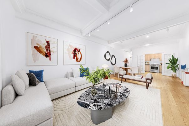 Interior, Kitchen, Living room, Recessed Lighting, Stainless Steel Appliances, Wood Texture Flooring