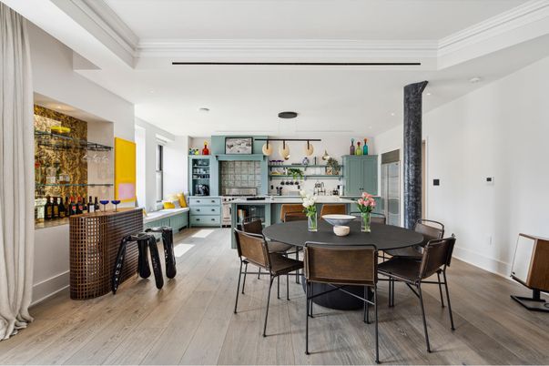 Dining room, Interior, Kitchen, Pendant Lights, Recessed Lighting, Stainless Steel Appliances, Wood Texture Flooring