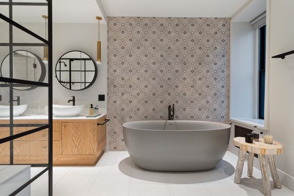 Bathroom, Dual Sink Vanities, Free Standing Baths, Interior, Pendant Lights