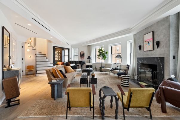 Fireplace, Interior, Living room, Pendant Lights, Recessed Lighting, Wood Texture Flooring