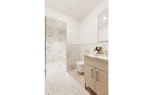 Bathroom, Glass Shower, Interior, Marble Walls, Recessed Lighting