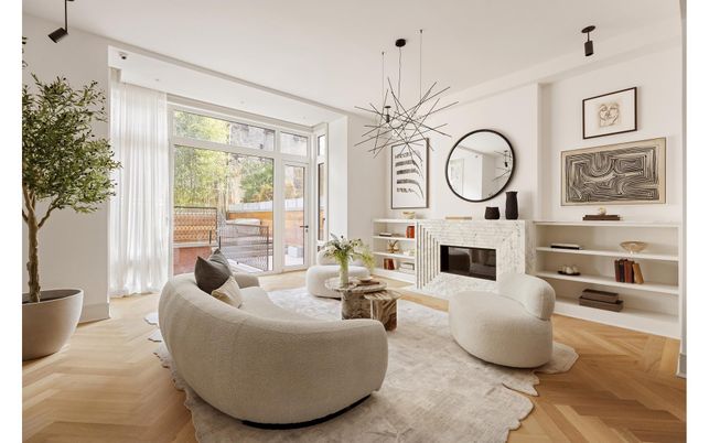 Fireplace, Interior, Living room, Pendant Lights, Wood Texture Flooring