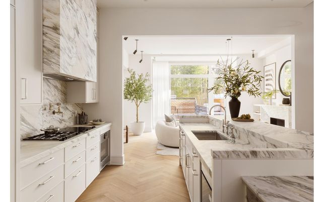 Interior, Kitchen, Marble Walls, Pendant Lights, Wood Texture Flooring