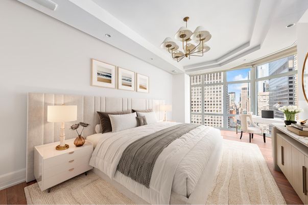 Bedroom, Chandelier, Interior, Recessed Lighting, Wood Texture Flooring