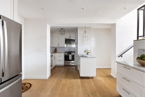 Interior, Kitchen, Pendant Lights, Recessed Lighting, Stainless Steel Appliances, Wood Texture Flooring