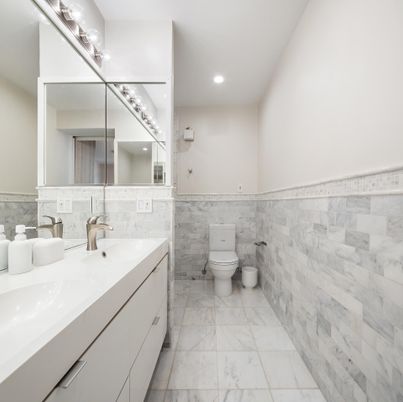 Bathroom, Dual Sink Vanities, Interior, Marble, Recessed Lighting