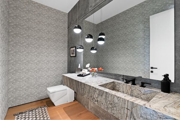 Bathroom, Interior, Pendant Lights, Wood Texture Flooring
