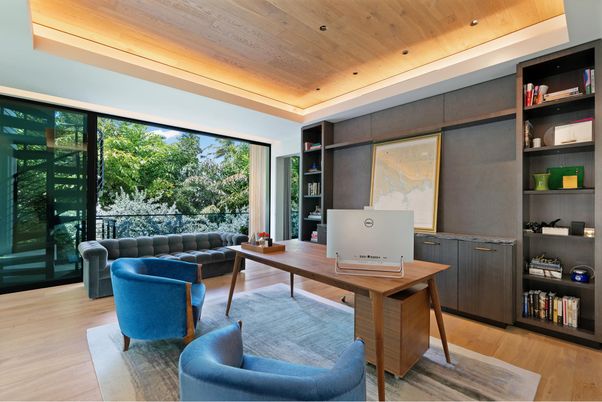 Home Office, Interior, Recessed Lighting, Wooden Ceilings, Wood Texture Flooring