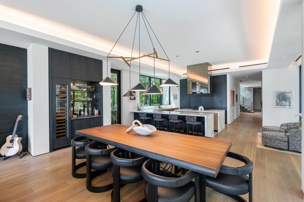 Dining room, Interior, Kitchen, Pendant Lights, Recessed Lighting, Wood Texture Flooring