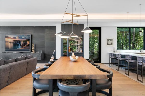 Dining room, Interior, Living room, Pendant Lights, Wood Texture Flooring