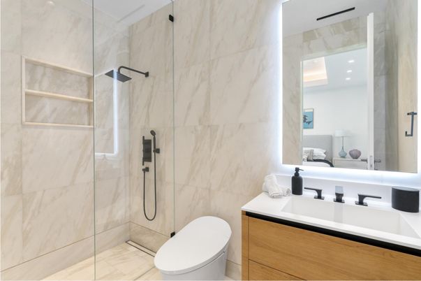 Bathroom, Bedroom, Glass Shower, Interior, Marble Walls, Recessed Lighting