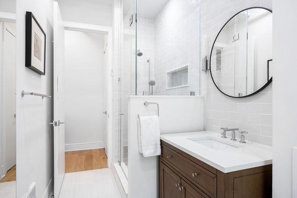 Bathroom, Glass Shower, Interior, Wood Texture Flooring