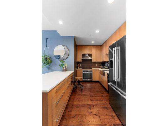 Interior, Kitchen, Recessed Lighting, Stainless Steel Appliances, Wood Texture Flooring