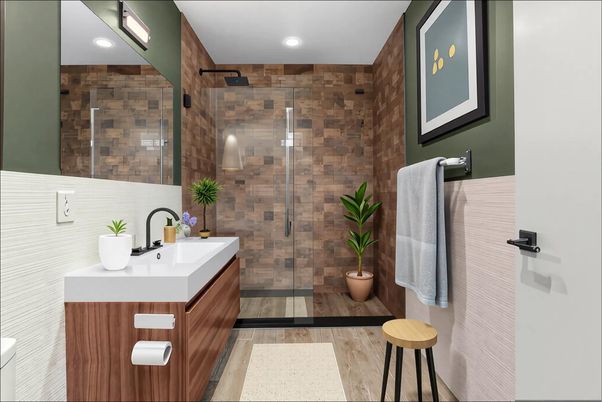 Bathroom, Glass Shower, Interior, Recessed Lighting, Wood Texture Flooring