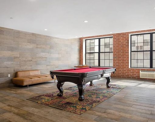 Billiard Table, Game Room, Interior, Recessed Lighting, Stone Walls, Wood Texture Flooring