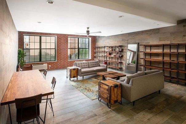Dining room, Interior, Living room, Recessed Lighting, Stone Walls, Wood Texture Flooring