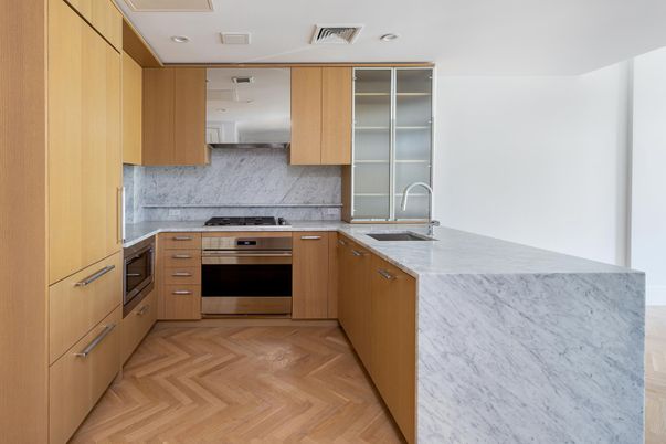 Interior, Kitchen, Marble Walls, Recessed Lighting, Stainless Steel Appliances, Wood Texture Flooring