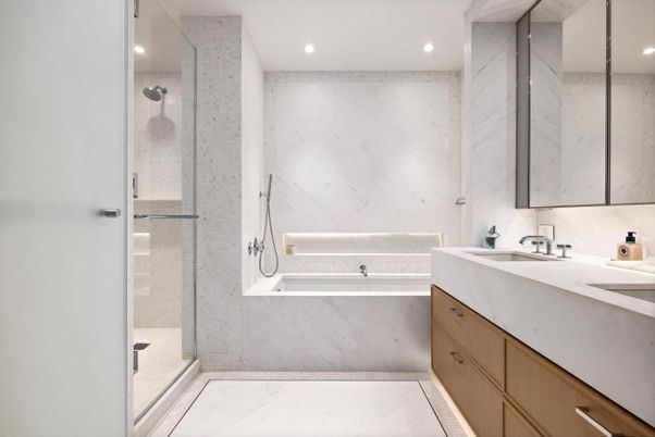 Bathroom, Dual Sink Vanities, Glass Shower, Interior, Marble, Recessed Lighting